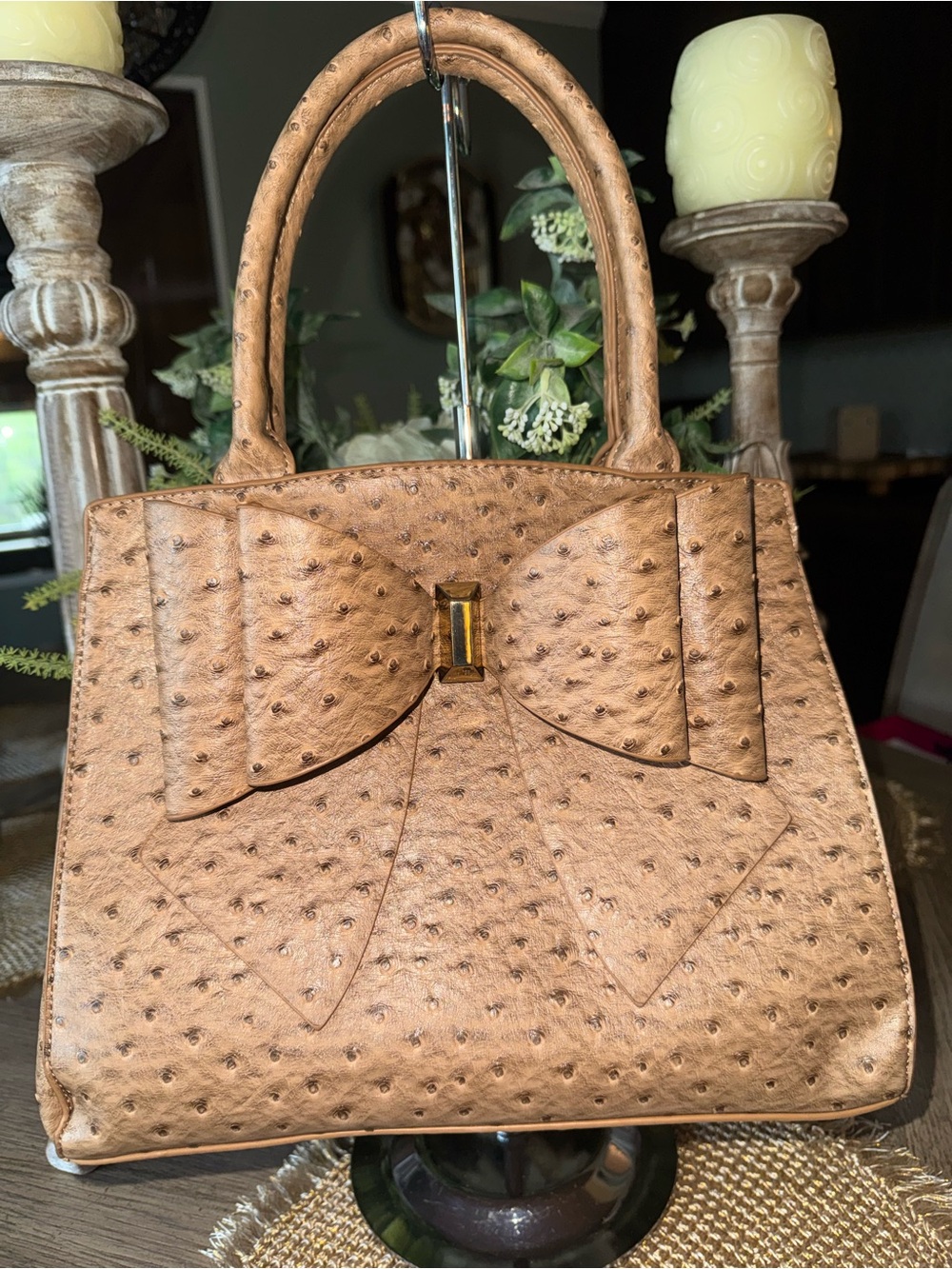 NWOT Bow-Accent Tan Ostrich-Leather Satchel Bag - Stunning ⭐️ - Picture 1 of 5